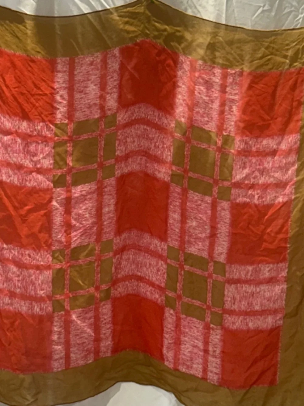 Vintage Silk Scarf 30x30, Hand Rolled Edge, Coral Pink Olive Gold Plaid Square
